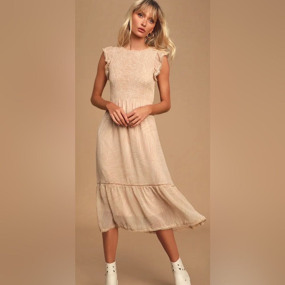 Lost+ Wander Pick Me Tan and White Print Midi Dress Size MEDIUM